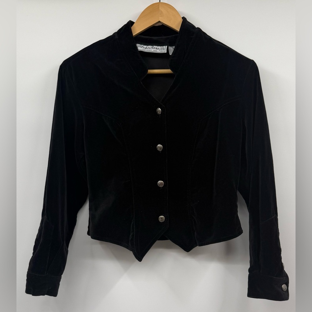 Vintage Adobe Rose 1990's Black Velvet Military Gothic Cropped Jacket SZ M